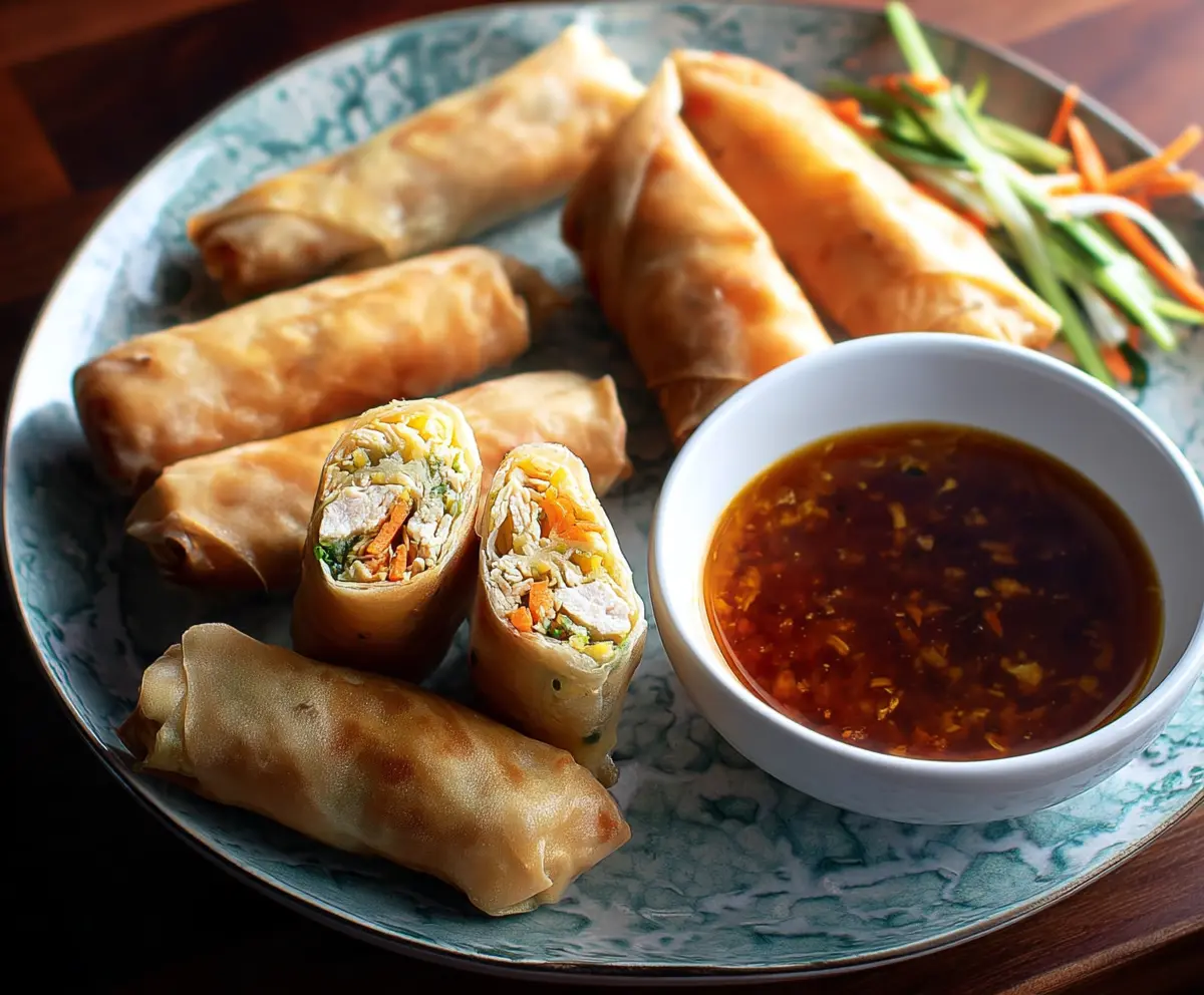 Crispy Chicken Spring Rolls served with fresh vegetables and dipping sauce