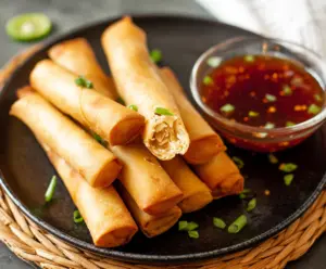 Crispy Chinese spring rolls filled with vegetables and served with dipping sauce
