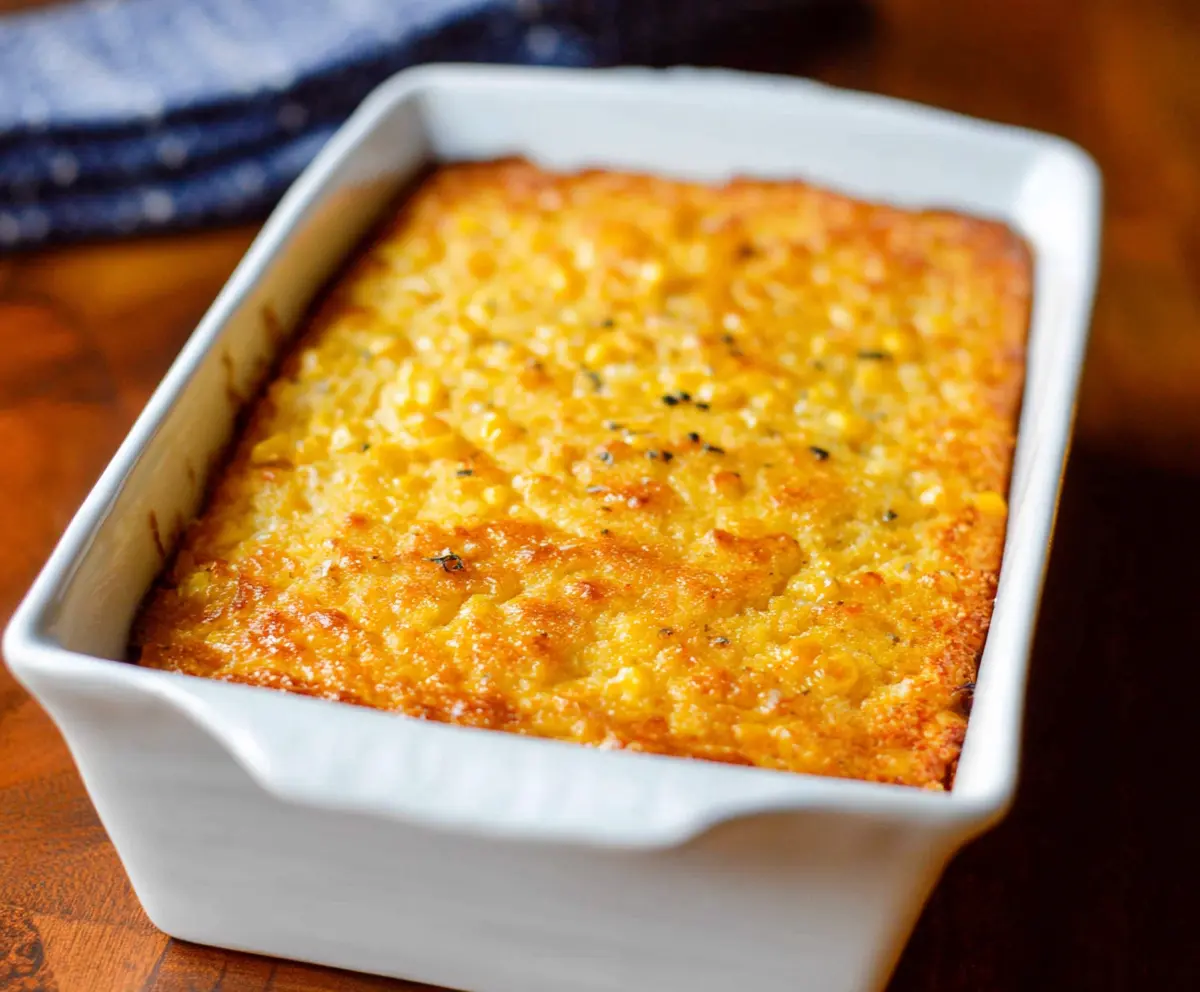 Delicious baked corn casserole in a round dish, topped with melted cheese and fresh herbs.