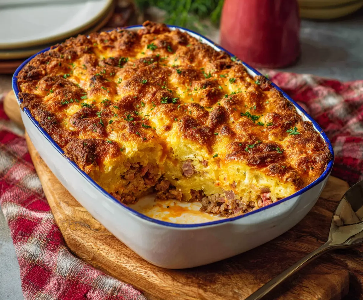 Delicious Corned Beef Casserole with crispy topping and flavorful ingredients.