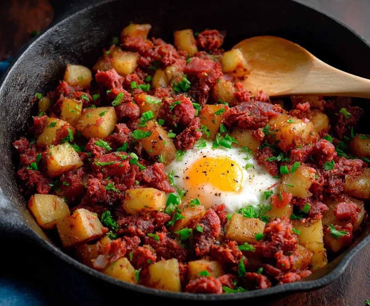Delicious homemade Corned Beef Hash with crispy potatoes and seasoned beef for breakfast.