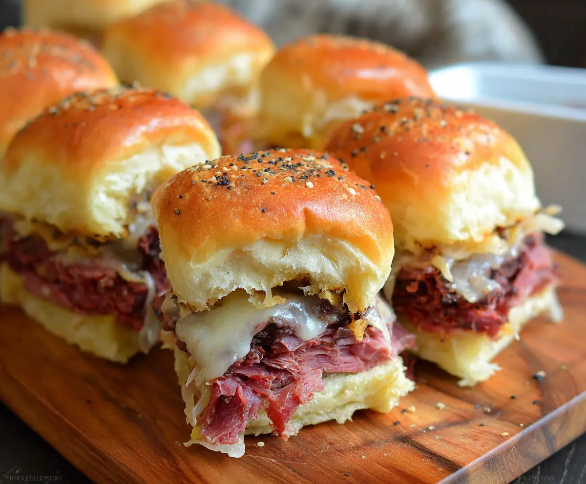 Delicious Corned Beef Sliders with melted cheese and fresh toppings on a platter.