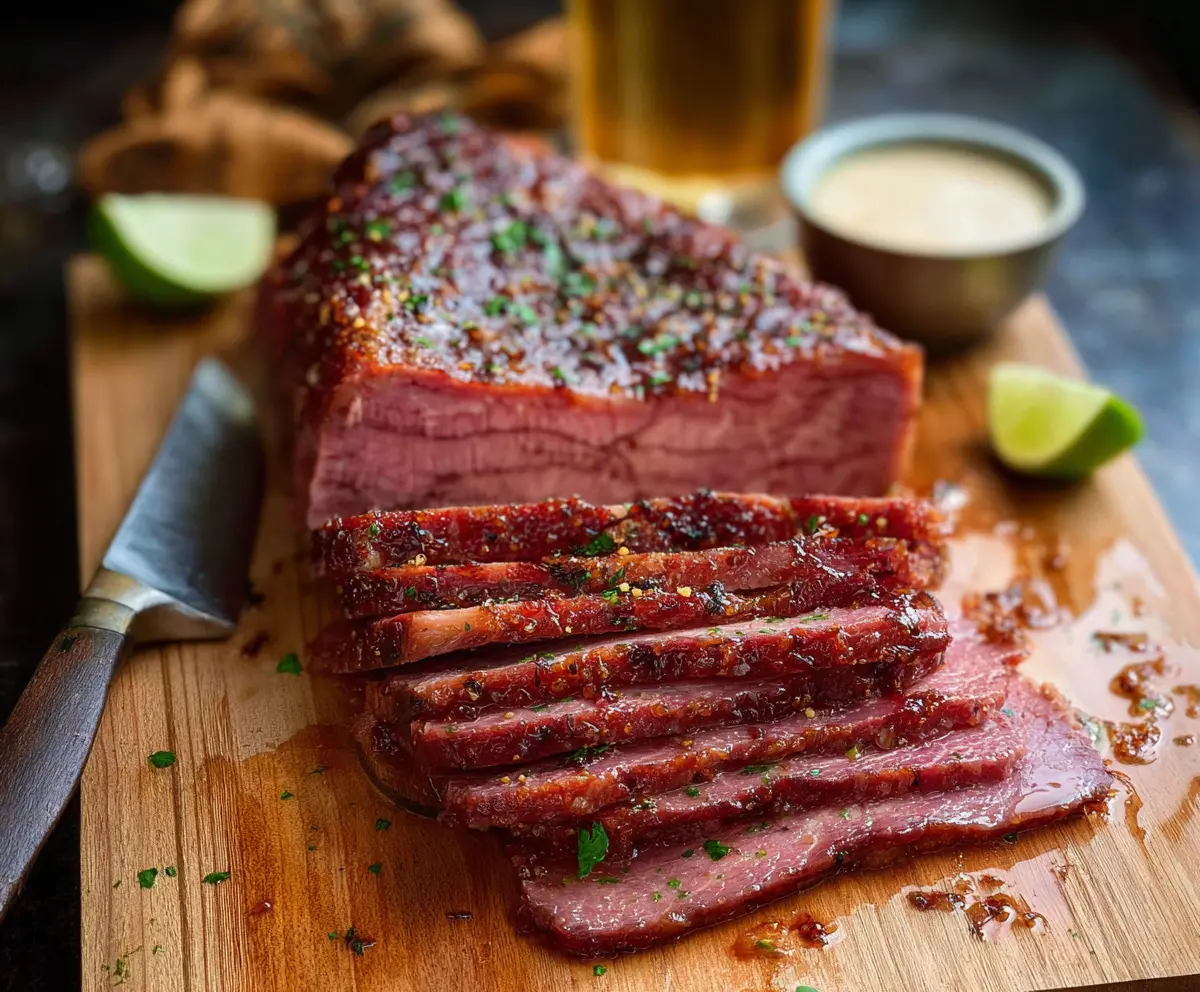 Delicious corned beef with a shiny beer glaze served on a plate