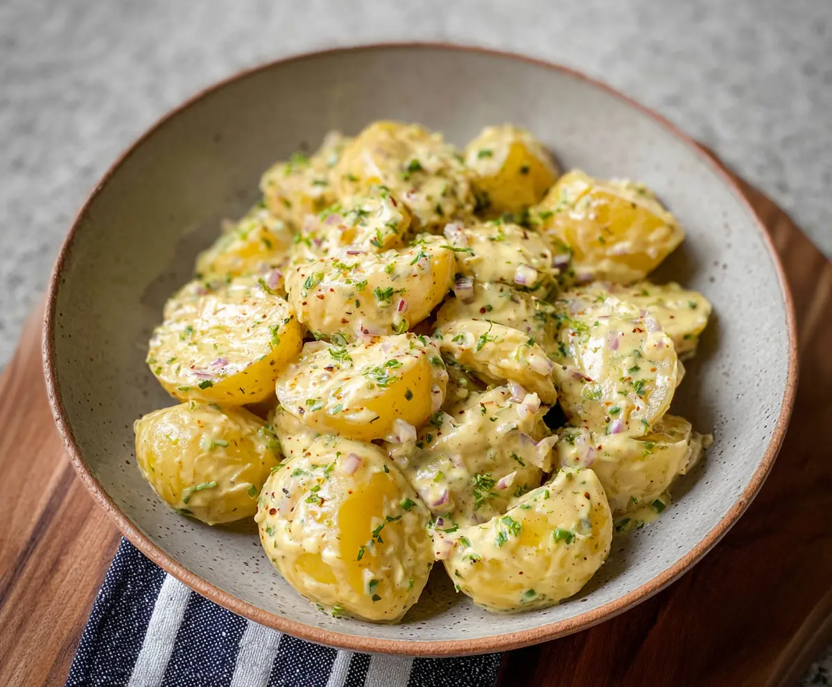 Creamy mustard potatoes served as a delicious side dish with herbs and spices.