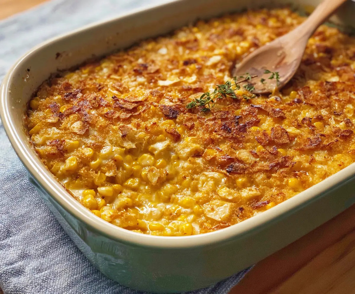 Delicious creamy scalloped corn in a baking dish, garnished with herbs.