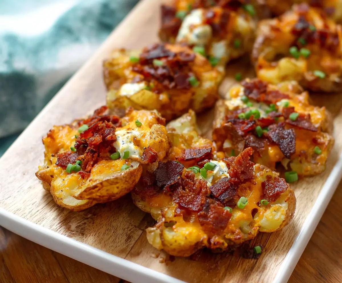 Delicious crispy cheesy smashed potatoes garnished with herbs on a rustic plate.
