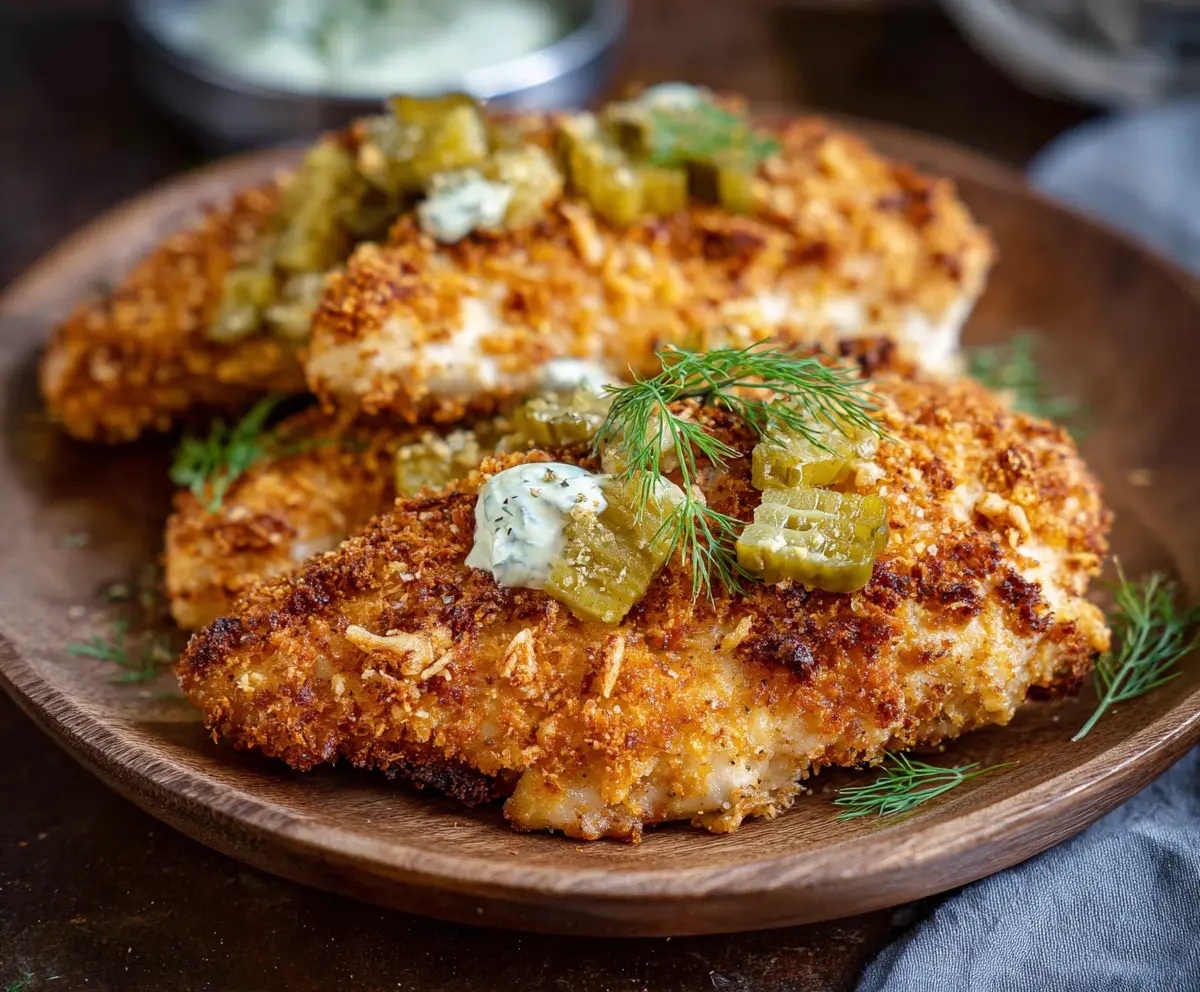 Crispy Dill Pickle Parmesan Chicken served on a plate with fresh herbs