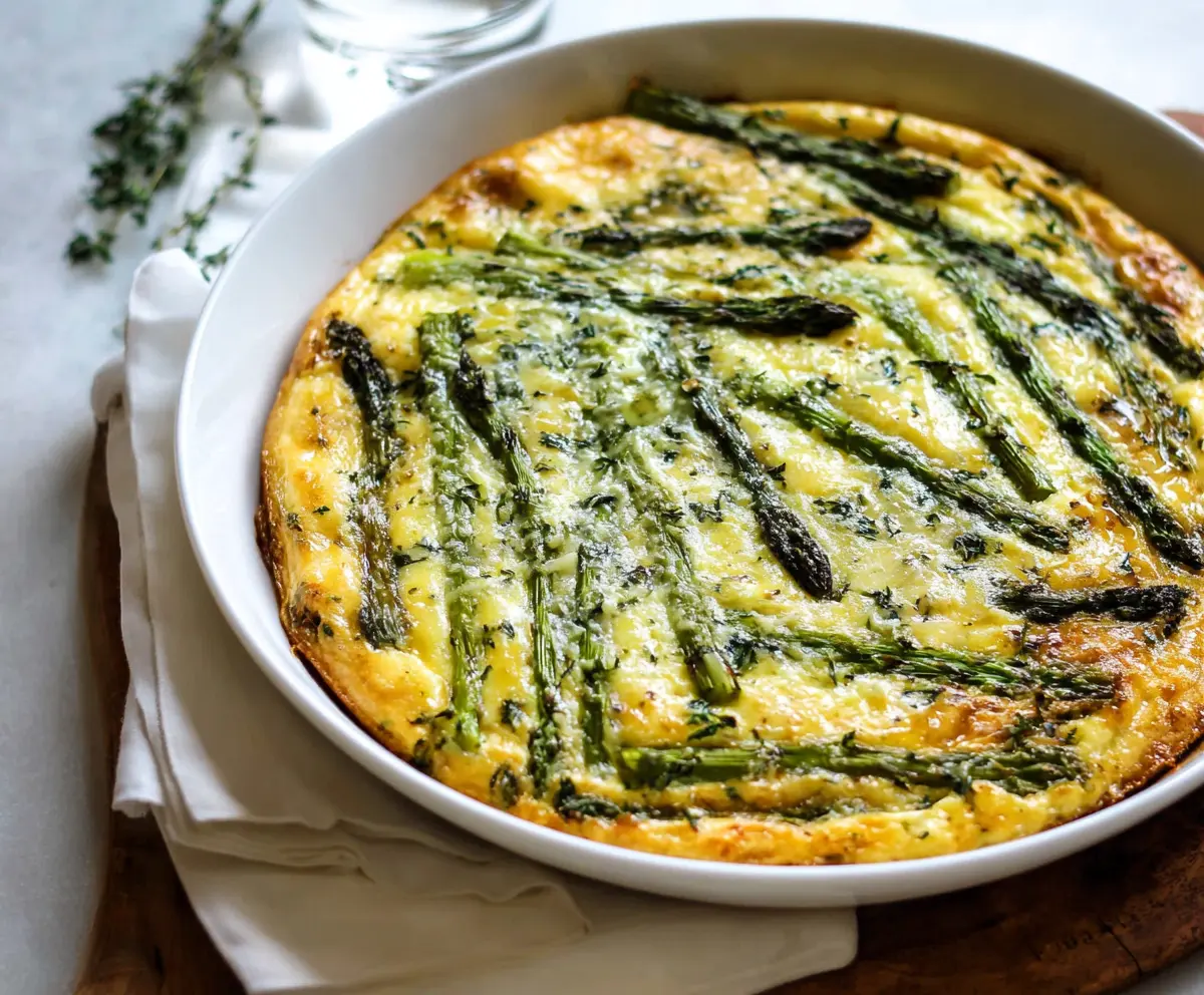 Delicious crustless asparagus quiche served on a white plate, showcasing fresh green asparagus and a golden crustless filling.