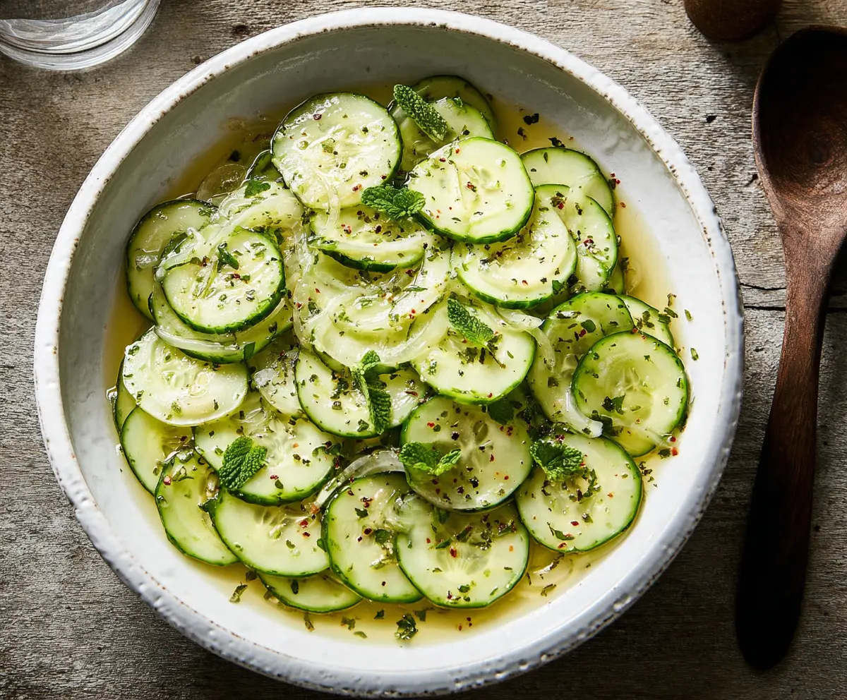 Fresh cucumber vinegar salad garnished with herbs, ideal for a light, refreshing meal.