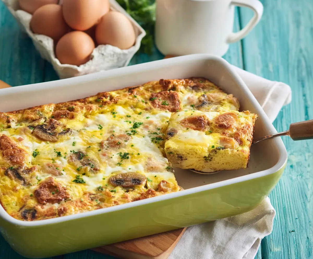 Delicious Easter Breakfast Casserole with eggs, cheese, and herbs baked to perfection.