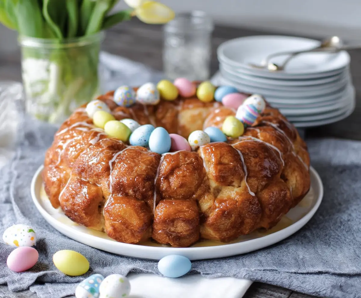 Delicious Easter Brunch Monkey Bread served warm with icing and fresh fruit.