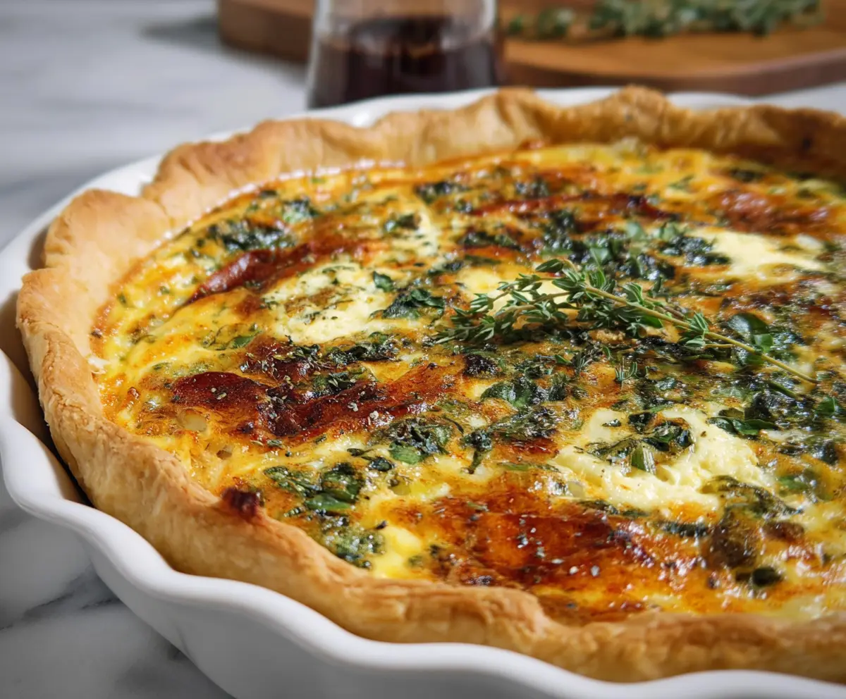 Delicious Easter brunch quiche with fresh vegetables and golden crust served on a festive table.
