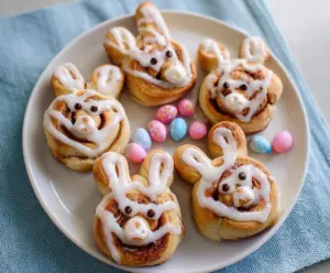 Easter Bunny Cinnamon Rolls fresh from the oven, decorated for spring celebration