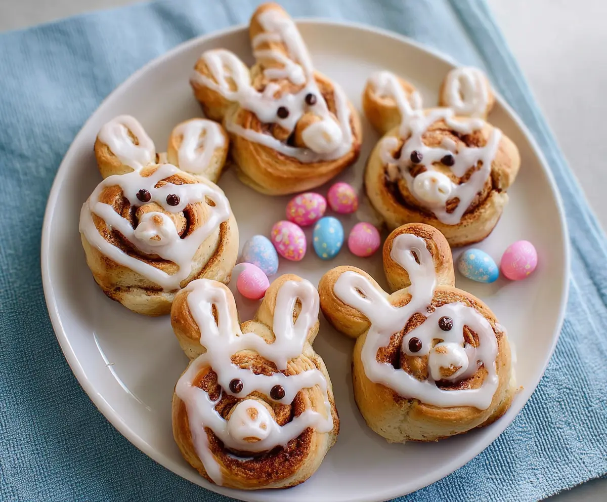 Easter Bunny Cinnamon Rolls fresh from the oven, decorated for spring celebration