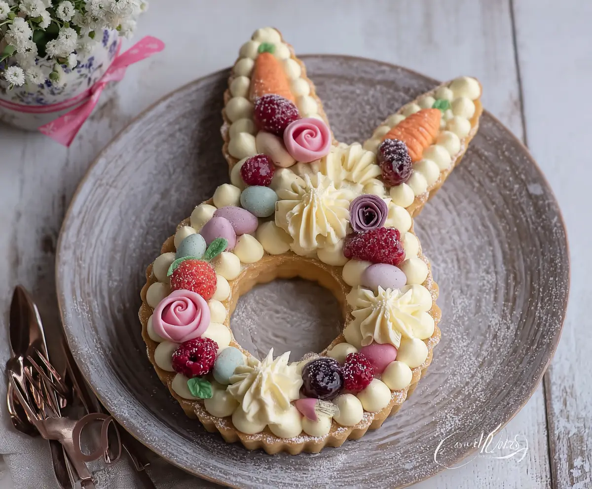 Delicious Easter Bunny Cream Tart decorated with colorful candies and festive Easter decorations.