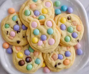 Delicious Easter Bunny M&M's Cookies featuring colorful candies and festive holiday decoration.