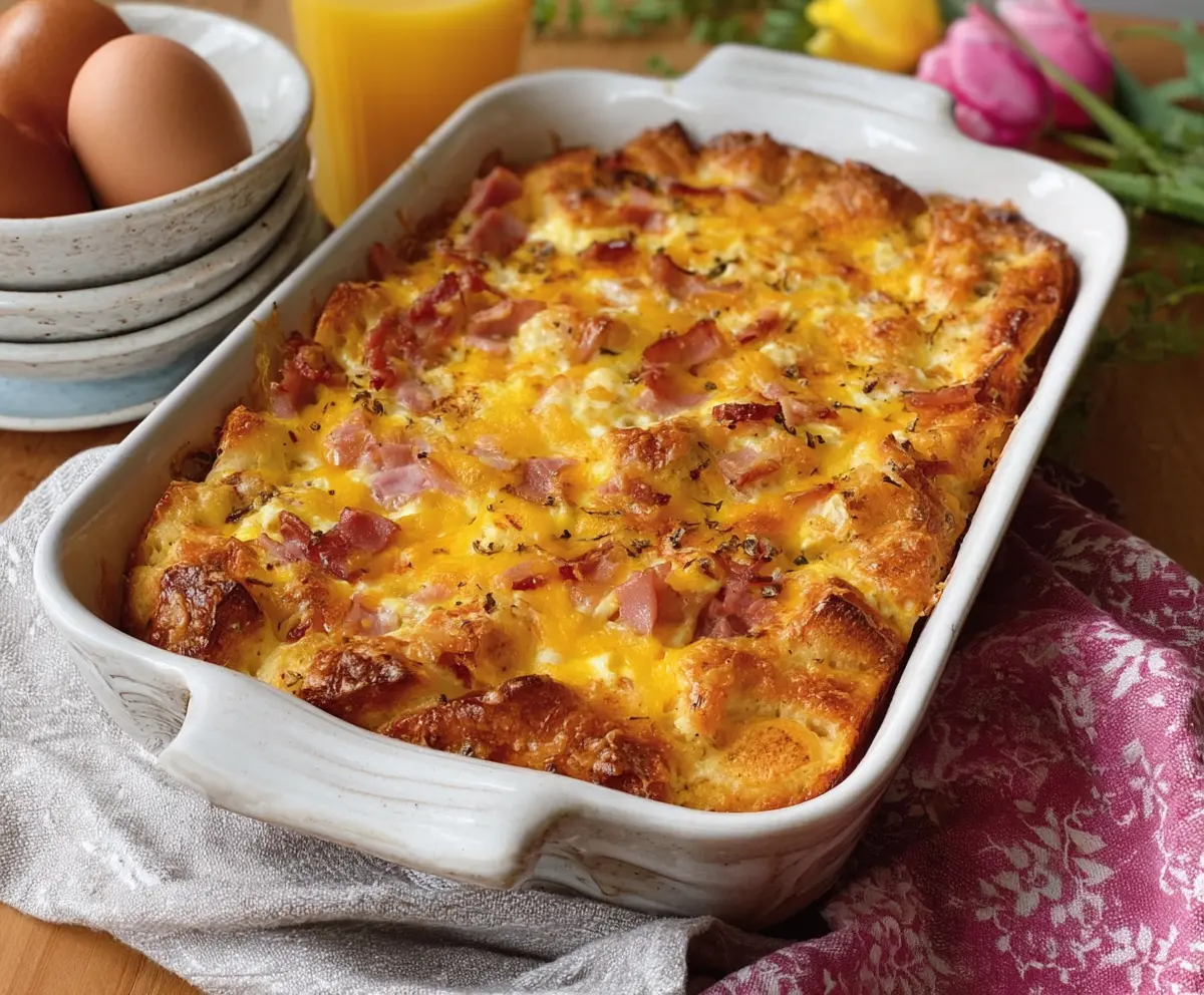 Delicious Easter cheesy ham and egg casserole with melted cheese and ham slices ready for breakfast or brunch.