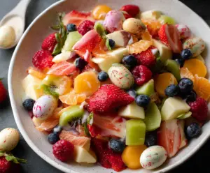 Colorful Easter fruit salad with strawberries, melons, and grapes in a festive bowl.