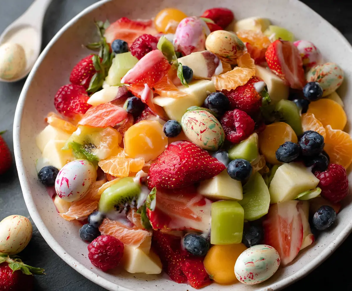 Colorful Easter fruit salad with strawberries, melons, and grapes in a festive bowl.