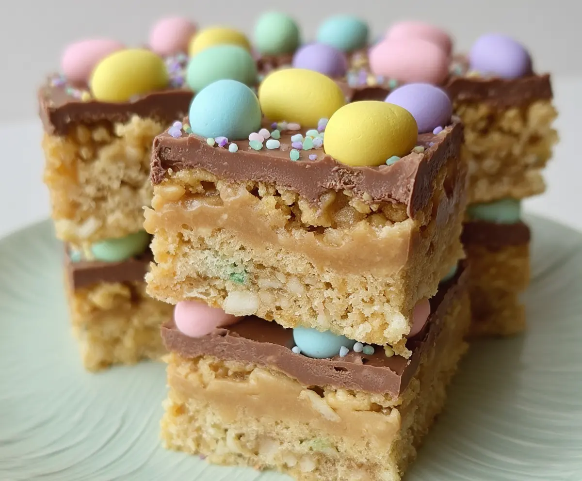Delicious Easter Goody Bars with colorful candies and chocolate on a festive plate.