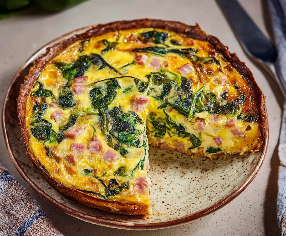 Delicious Easter ham and spinach quiche sliced on a serving plate for brunch.