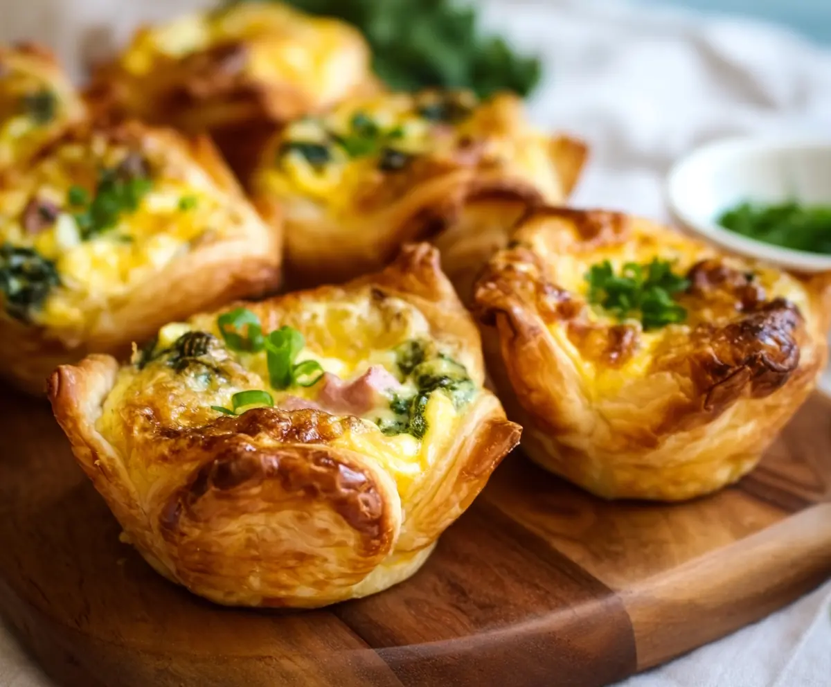 Easter Puff Pastry Quiche Cups filled with cheese, ham, and vegetables ideal for spring brunches