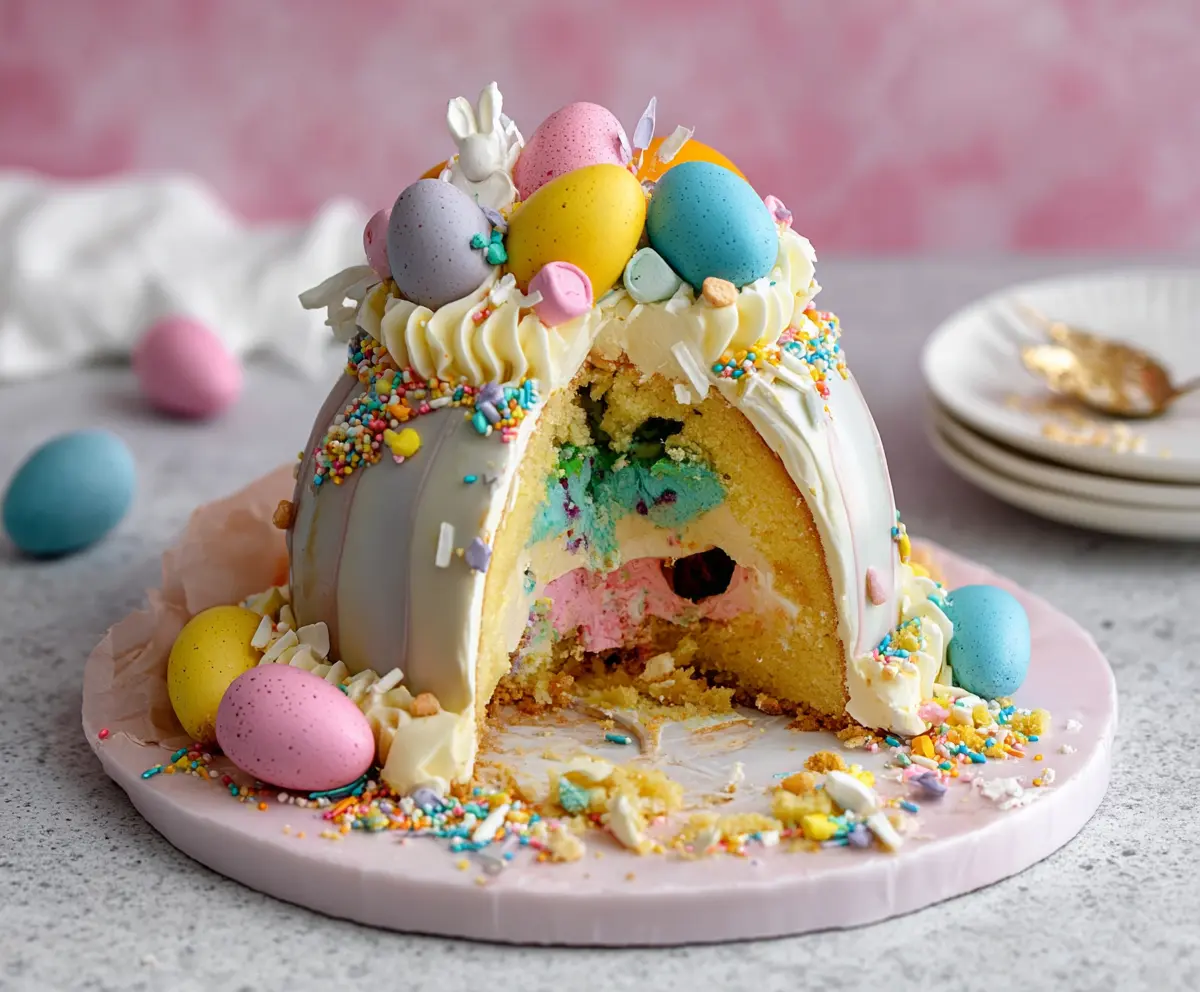 Colorful Epic Easter Egg Smash Cake with vibrant decorations and Easter eggs for festive celebration
