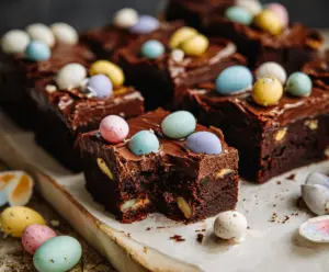Delicious Frosted Mini Egg Easter Brownies topped with colorful mini eggs and chocolate frosting.