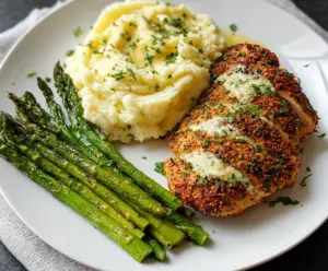 Delicious garlic herb chicken served with creamy mashed potatoes and roasted asparagus on a plate.