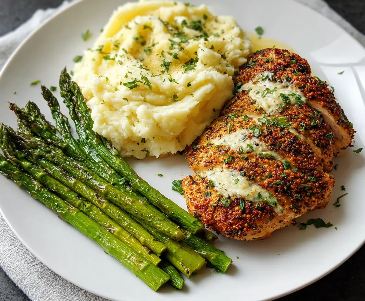 Delicious garlic herb chicken served with creamy mashed potatoes and roasted asparagus on a plate.