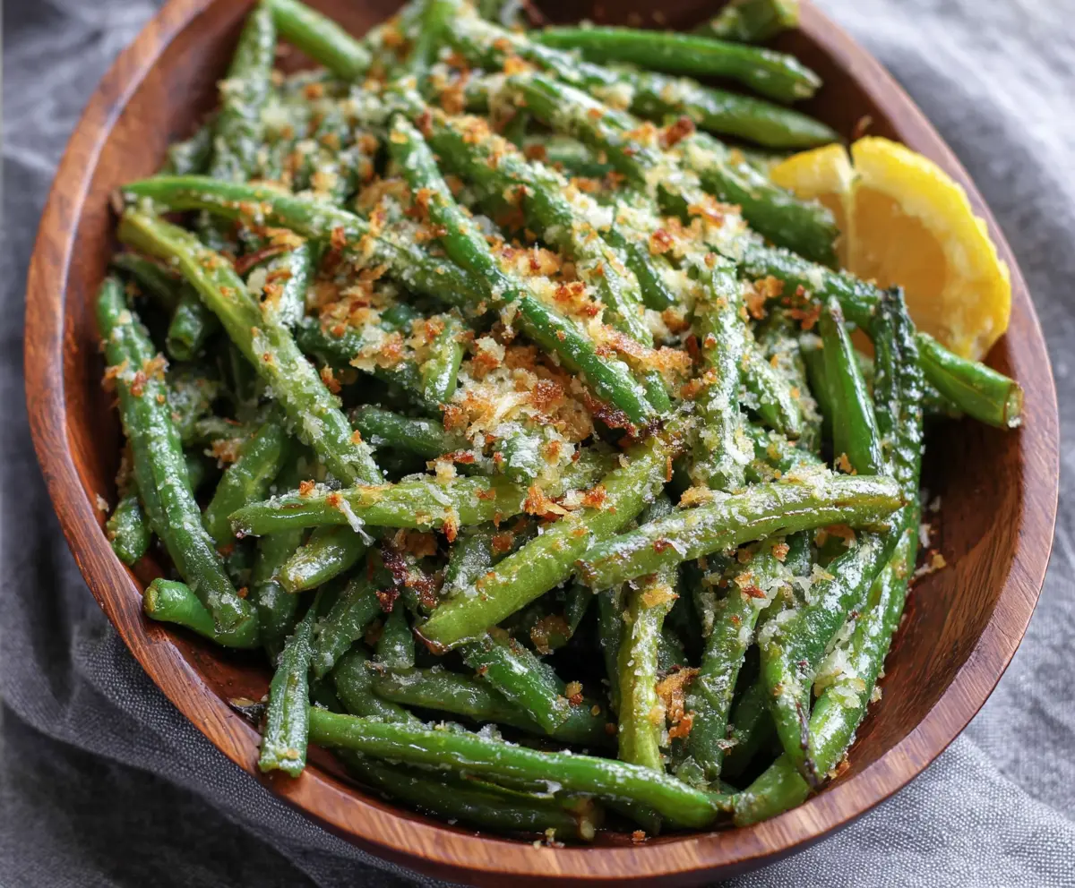Delicious garlic Parmesan green beans served as a healthy side dish