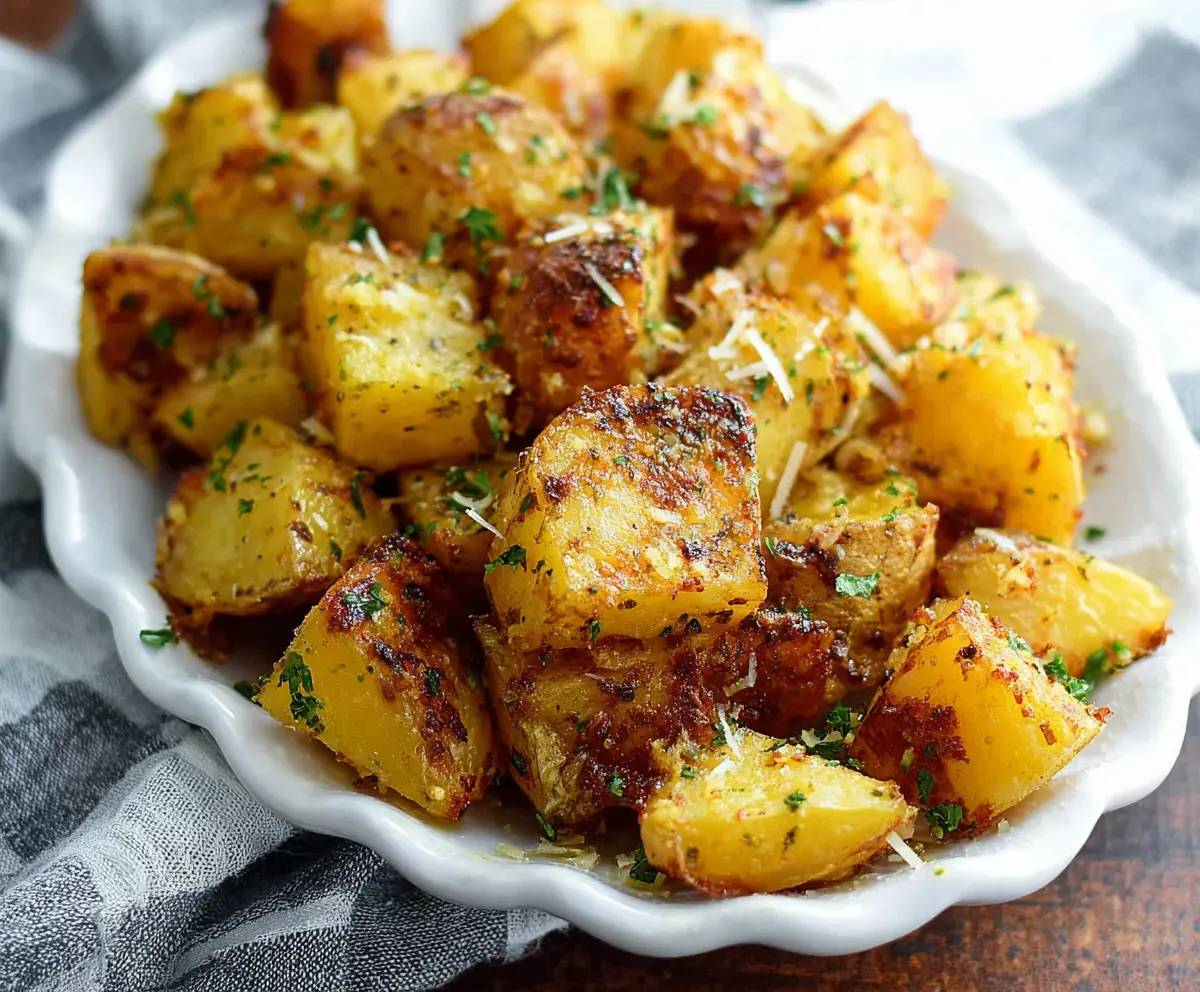 Creamy Garlic Ranch Potatoes topped with herbs on a rustic plate