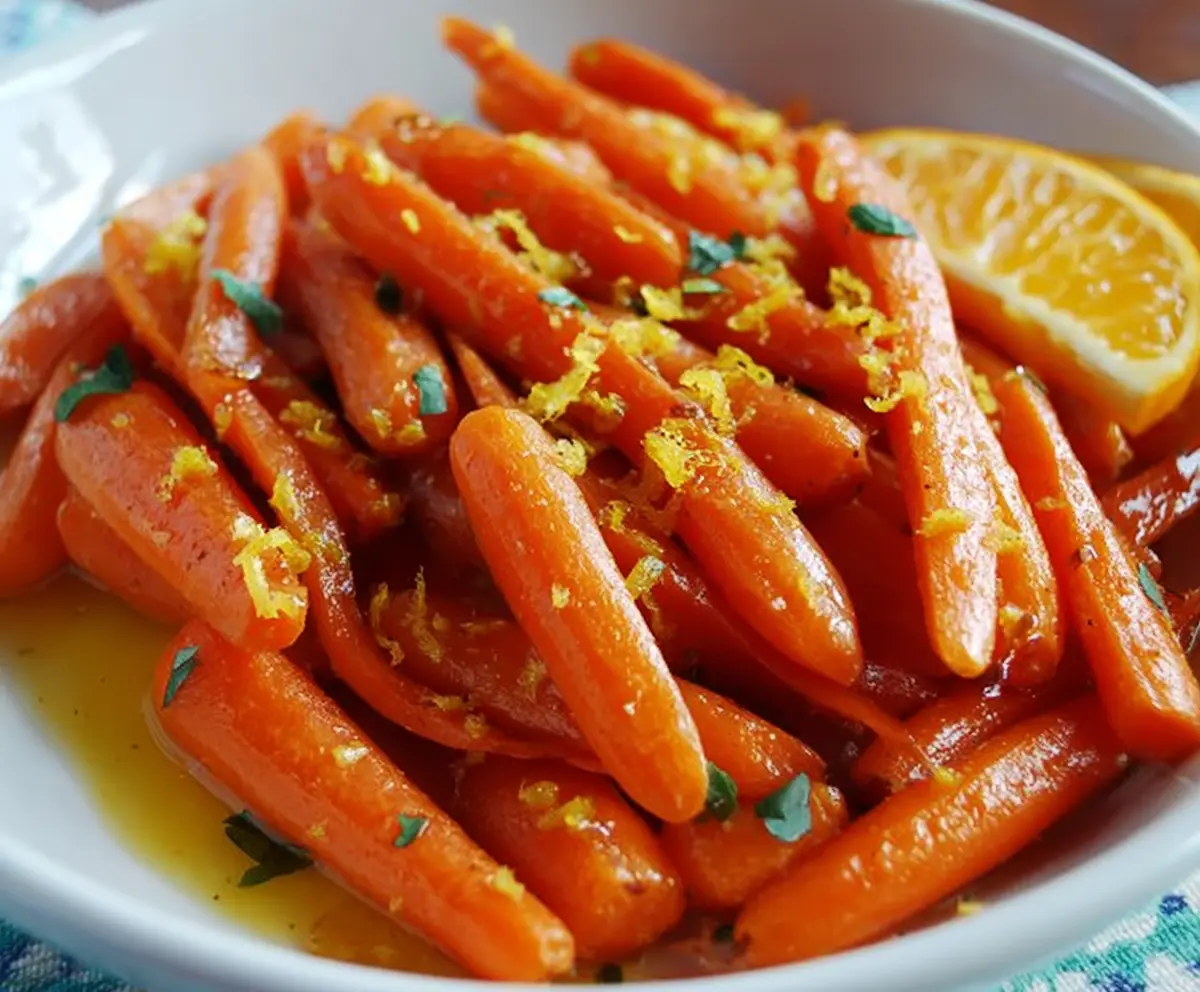 Colorful glazed carrots with orange and ginger garnish on a white plate, perfect for a healthy side dish.
