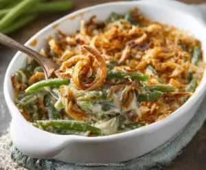 Delicious green bean casserole topped with crispy fried onions served in a baking dish.