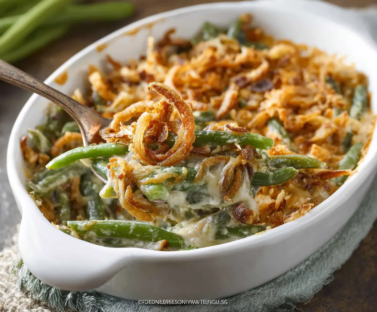 Delicious green bean casserole topped with crispy fried onions served in a baking dish.