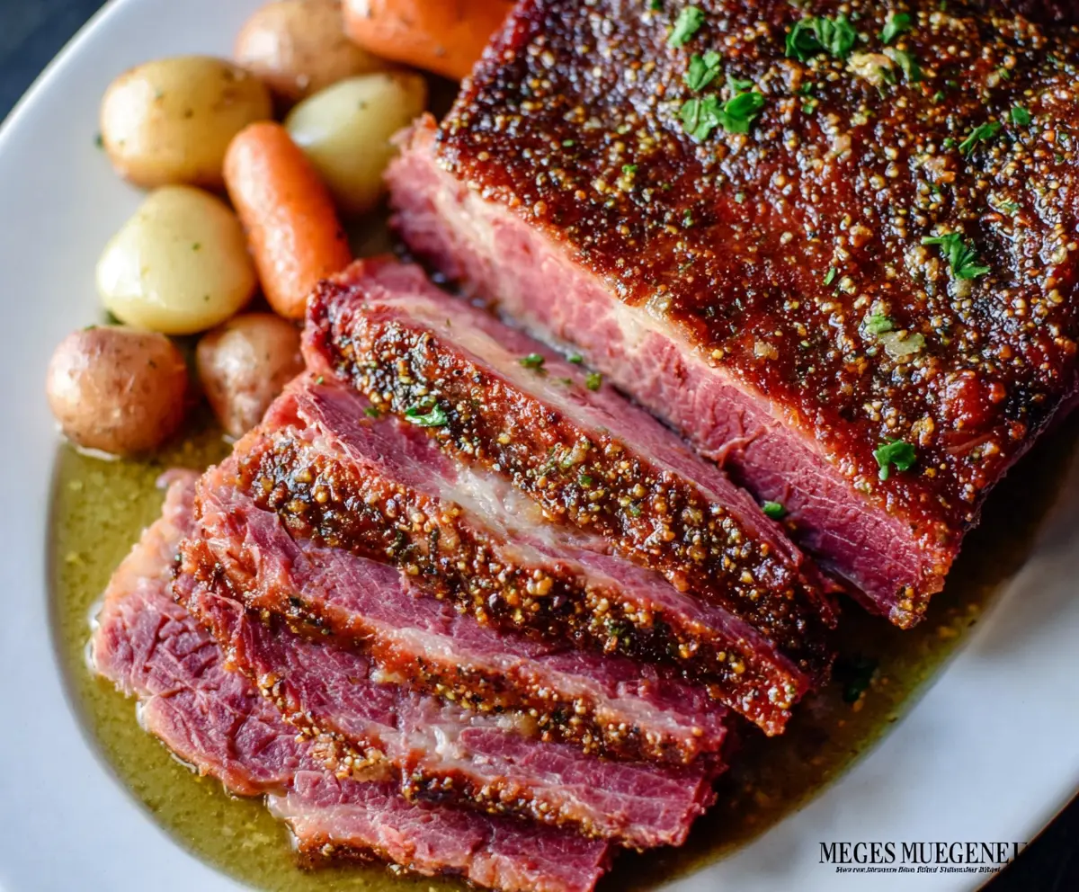 Delicious Guinness Braised Corned Beef served with cabbage and potatoes, perfect for a hearty meal.