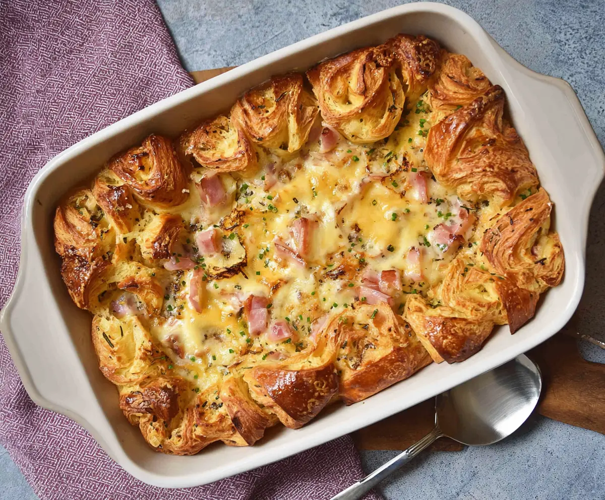 Delicious ham and cheese croissant brunch bake served hot with melted cheese and crispy edges.