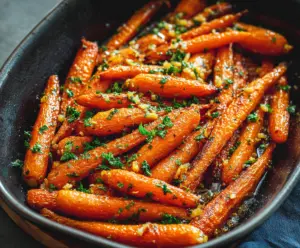 Sweet and savory honey garlic roasted carrots served as a flavorful side dish.