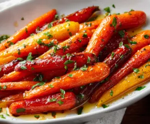 Delicious honey glazed carrots served on a white plate, showcasing a shiny caramelized coating.