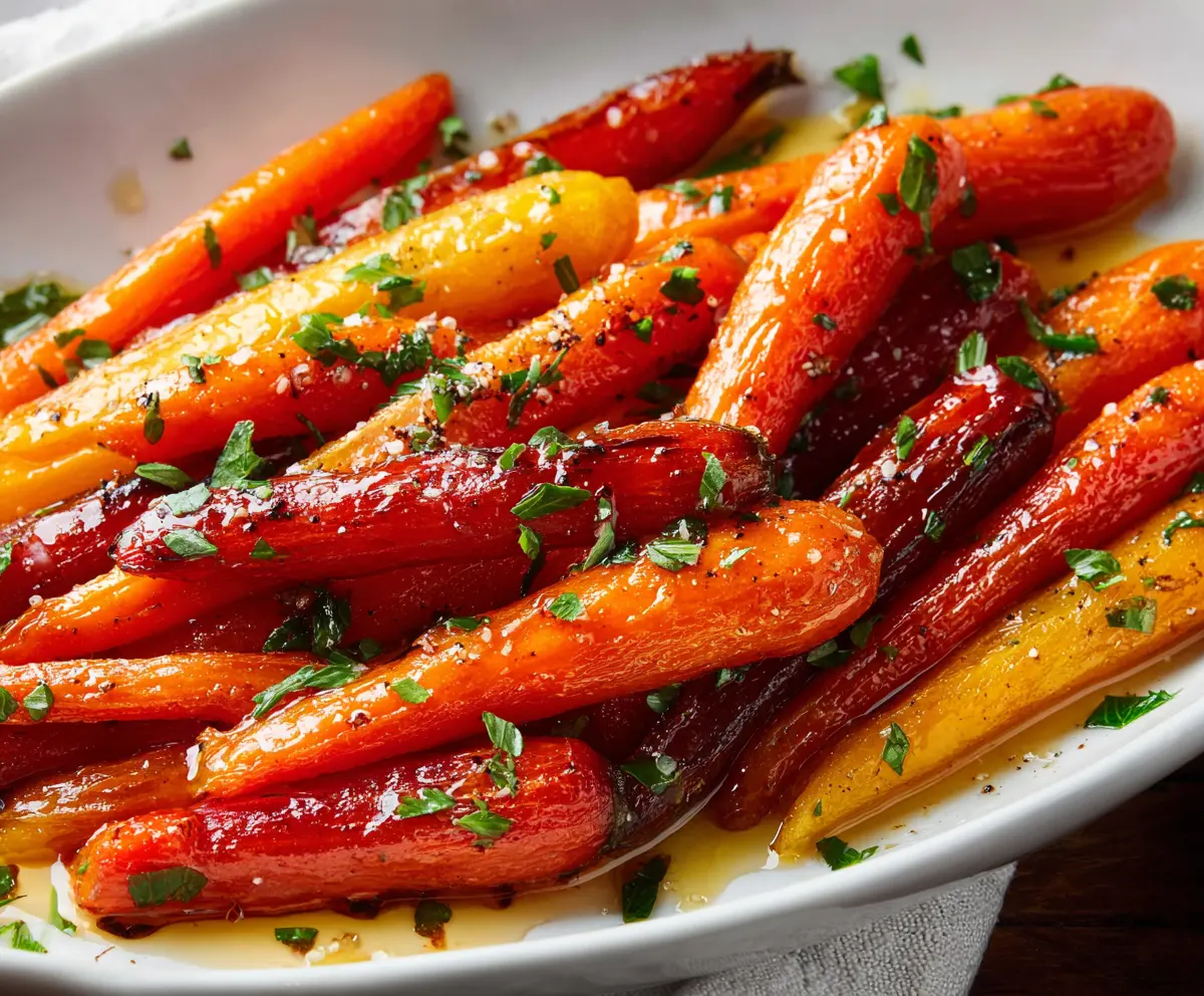 Delicious honey glazed carrots served on a white plate, showcasing a shiny caramelized coating.