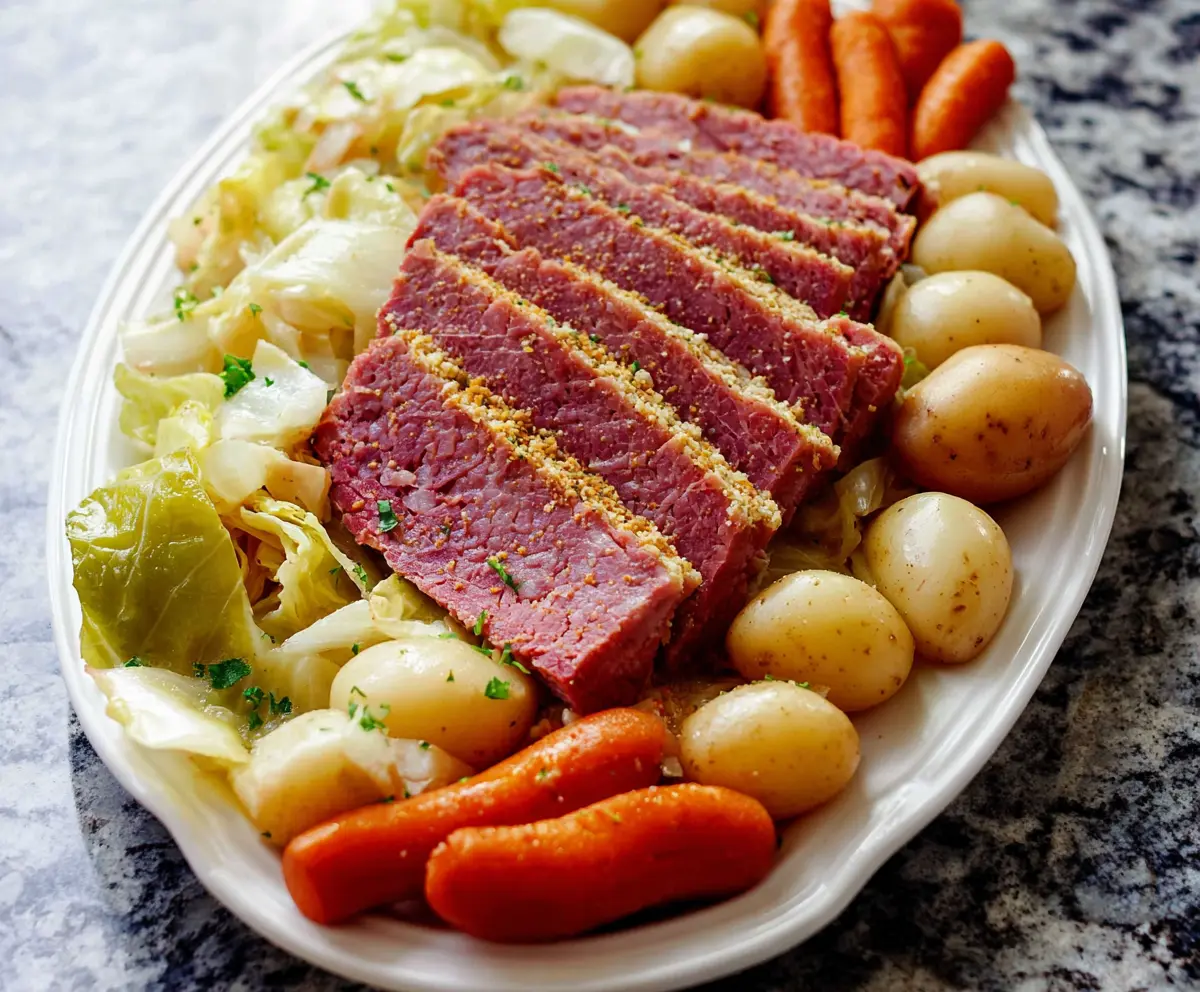 Delicious Instant Pot corned beef and cabbage meal served with fresh vegetables.
