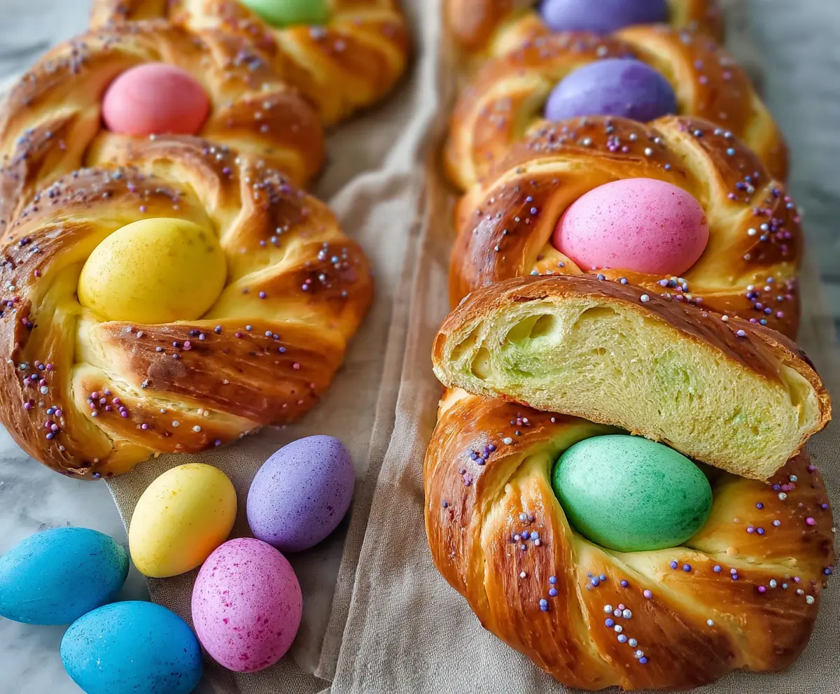 Delicious Italian Easter bread decorated with vibrant colorful eggs for the holiday celebration.