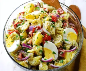 Delicious Italian Easter Potato Salad with fresh herbs and colorful vegetables on a festive table.