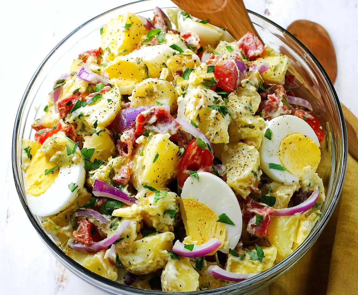Delicious Italian Easter Potato Salad with fresh herbs and colorful vegetables on a festive table.