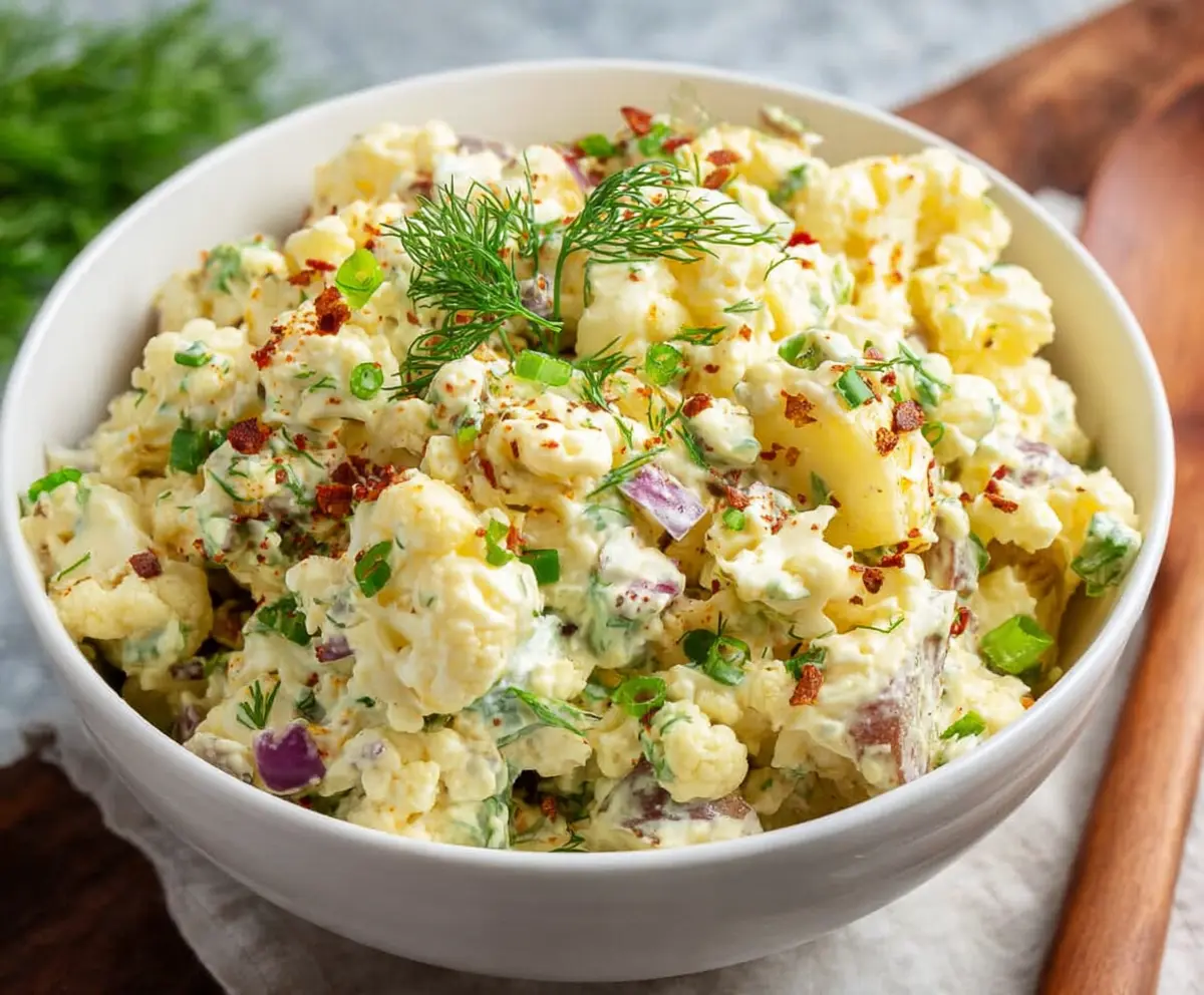 Keto cauliflower potato salad with fresh herbs and mayonnaise dressing.