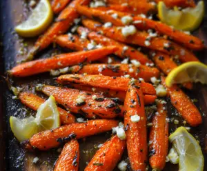 Bowl of Lemon Dijon Roasted Carrots garnished with herbs on a white plate