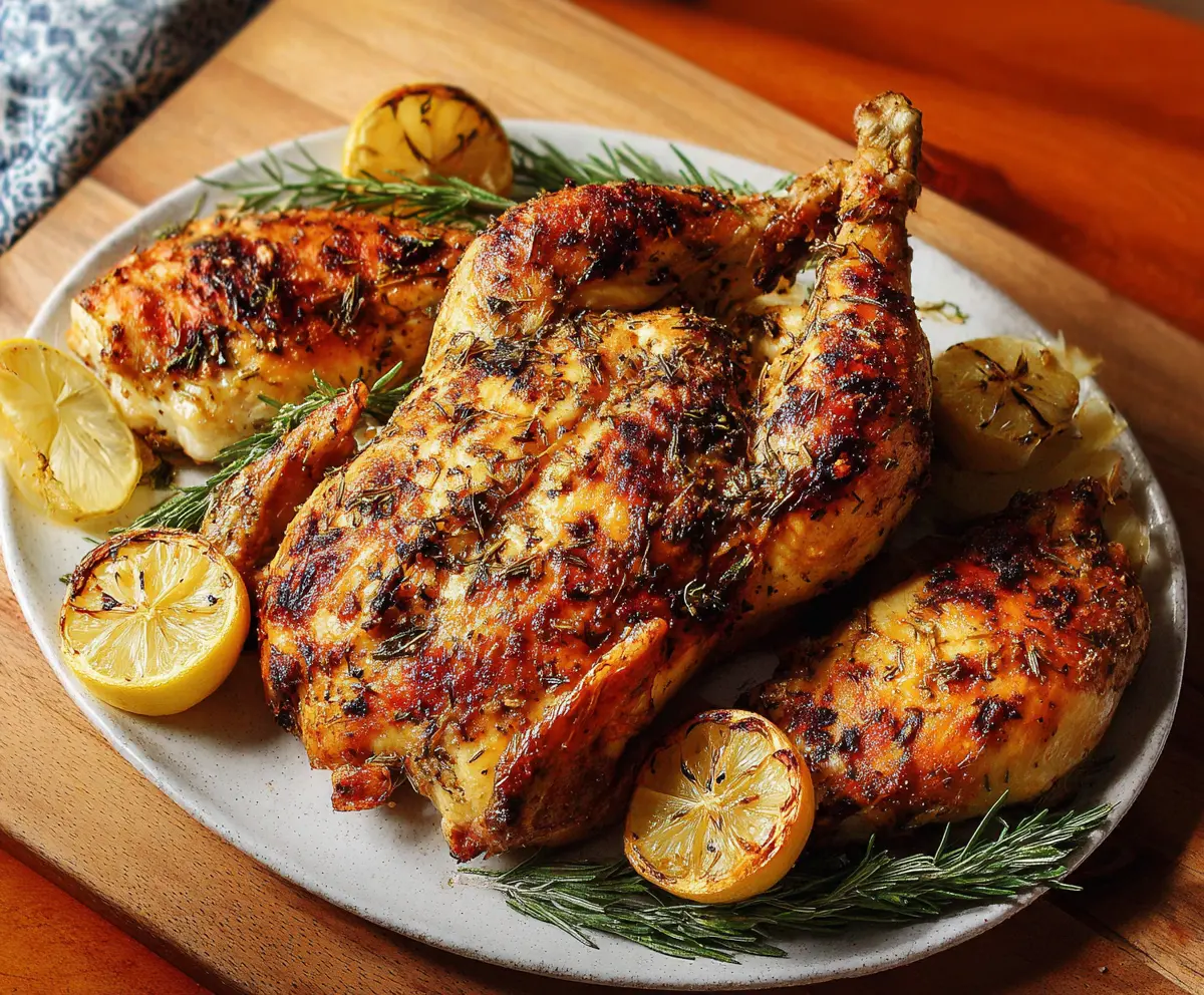 Juicy Lemon Herb Roasted Chicken garnished with fresh herbs on a white platter, perfect for a savory dinner.
