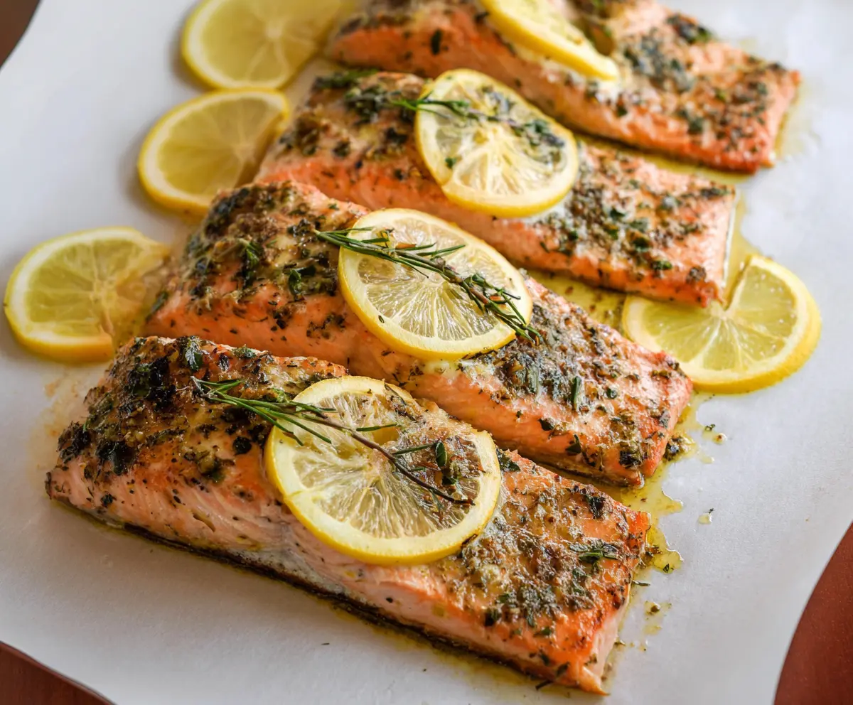 Delicious Lemon Herb Salmon served with fresh herbs and lemon slices.