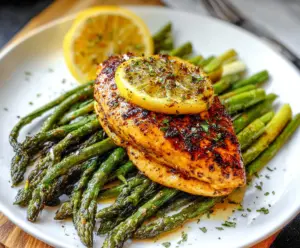 Juicy lemon pepper chicken breast served with fresh roasted asparagus on a white plate.