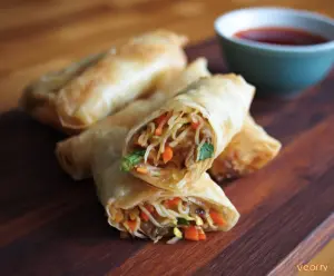 Delicious Lo Mein Spring Rolls filled with savory noodles and fresh vegetables, perfect for a light appetizer.